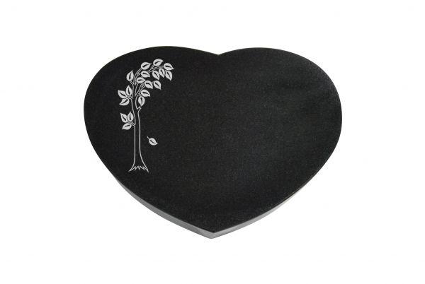 Liegestein Herz, Black Granit, 50cm x 40cm x 10cm, inkl. Baum mit Blättern