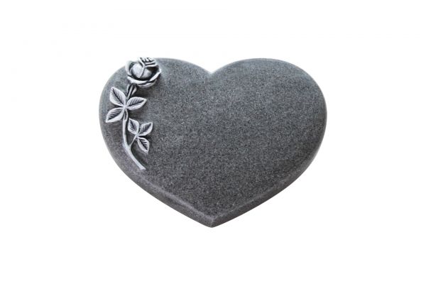 Liegestein Herzform, Padang Dark Granit, 40cm x 30cm x 8cm, inkl. Rose erhaben gehauen