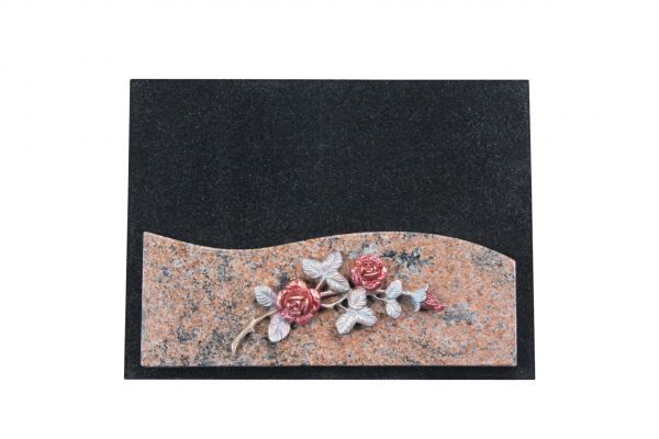 Liegestein, Indien Black und Multicolor Granit 40cm x 30cm x 3cm, inkl. gebogener roten Rose