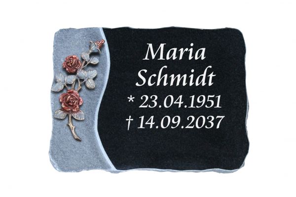 Liegeplatte, India Black Granit 40cm x 30cm x 4cm, inkl. farbiger Bronzerose