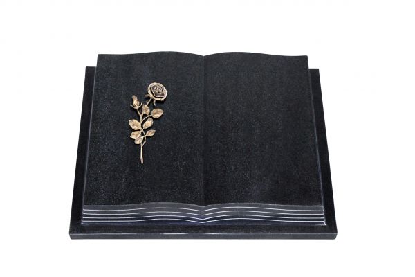 Grabbuch, Indien Black Granit, 50cm x 40cm x 10cm, inkl. Bronzerose mit Blüte