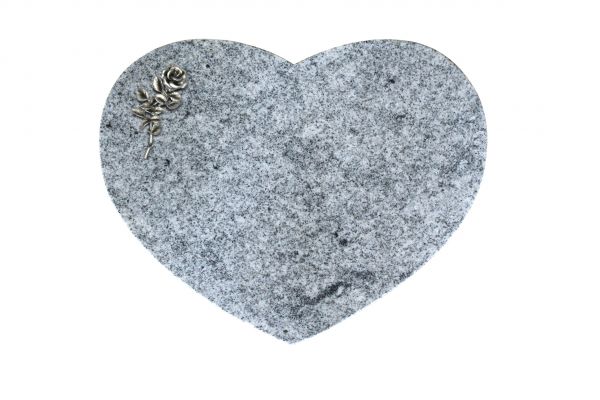 Liegestein Herz, Viscount White Granit, 50cm x 40cm x 10cm, inkl. kleiner Alurose mit 1 Blüte