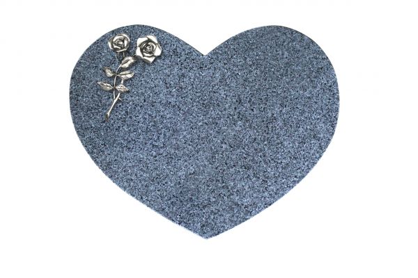 Liegestein Herz, Padang Dark Granit, 50cm x 40cm x 10cm, inkl. Alurose mit 2 Blüten