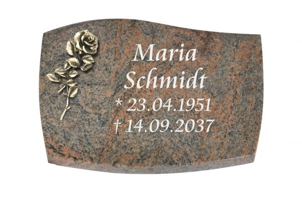 Liegeplatte, Multicolor Granit mit Fasen 30cm x 20cm x 4cm, inkl. kleiner Bronzerose