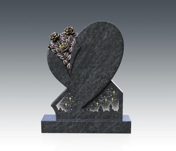 Einzelgrabstein Herzform mit handgearbeiteten Rosen, Orion dunkel Granit 100cm x 65cm x 16cm