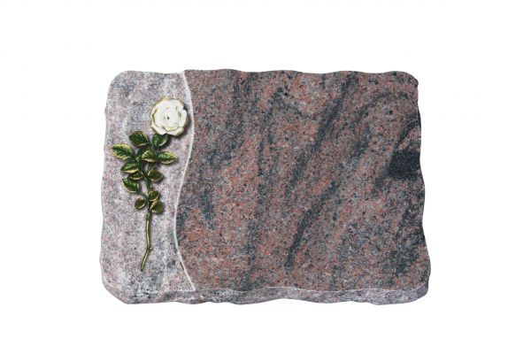 Liegeplatte, Indora Granit 40cm x 30cm x 4cm, inkl. rot/weisser Rose auf geflammten Untergrund