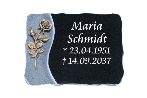 Liegeplatte, India Black Granit 40cm x 30cm x 4cm, inkl. Bronzerose 21 cm