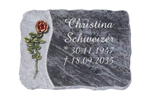Liegeplatte, Orion Granit 40cm x 30cm x 4cm, inkl. roter Rose auf geflammten Untergrund