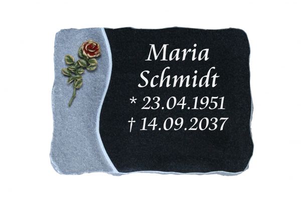 Liegeplatte, India Black Granit 40cm x 30cm x 4cm, inkl. kleiner farbiger Rose
