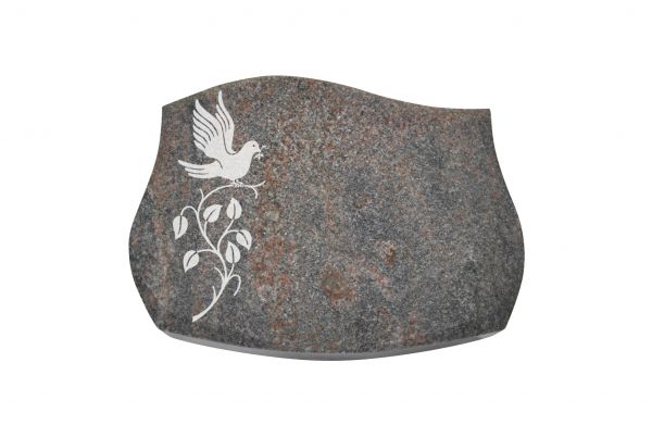 Liegestein aus Himalaya Granit mit Vogel auf Ast, 40cm x 30cm x 8cm