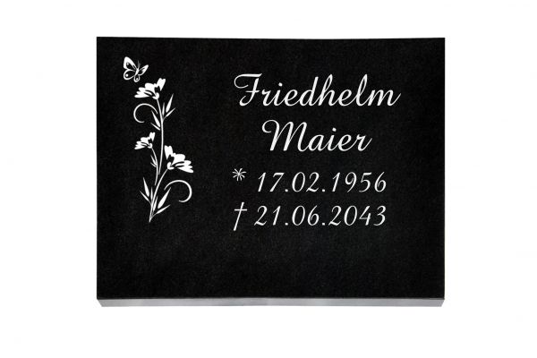 Liegeplatte, Black Granit rechteckig 40cm x 30cm x 3cm, inkl. Schmetterling auf Blume