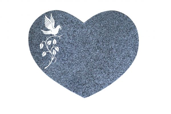 Liegestein Herz, Padang Dark Granit, 50cm x 40cm x 10cm, inkl. Vogel auf Ast