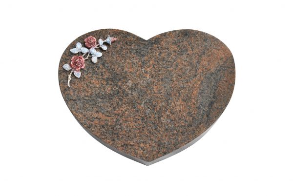 Liegestein Herz, Multicolor Granit, 50cm x 40cm x 10cm, inkl. farbiger Rose