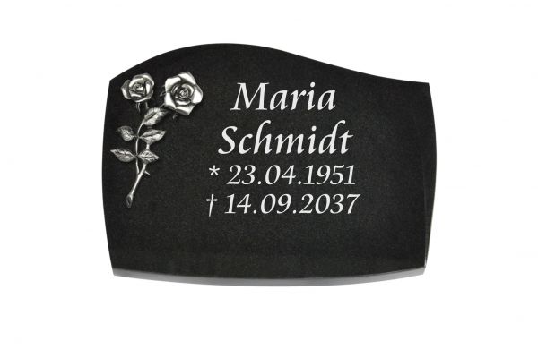 Liegeplatte, Black Granit mit Fasen 40cm x 30cm x 3cm, inkl. Rose mit 2 Blüten