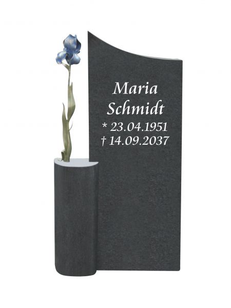 Einzelgrabstein, Indien Black Granit 100cm x 55cm x 14cm, inkl. farbigen Blume