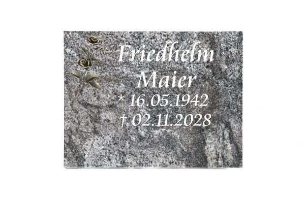 Liegeplatte, Paradiso Granit rechteckig 40cm x 30cm x 3cm, inkl. Doppelrose aus Bronze