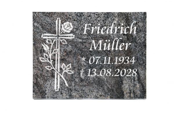 Liegeplatte, Paradiso Granit rechteckig 40cm x 30cm x 3cm, inkl. Rose und Kreuz