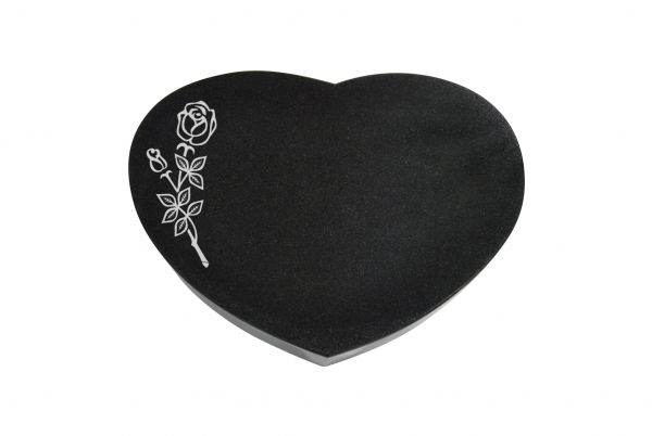 Liegestein Herz, Black Granit, 50cm x 40cm x 10cm, inkl. Rose vertieft gestrahlt