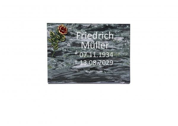 Liegeplatte, Wave Green Granit rechteckig 40cm x 30cm x 3cm, inkl. roter Bronzerose