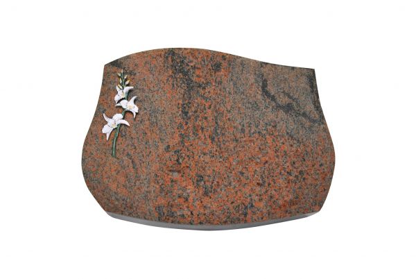 Liegestein Verdi, Multicolor Granit, 50cm x 40cm x 10cm, inkl. Lilie aus Bronze