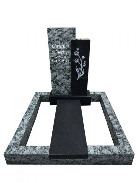 Urnengrabanlage mit Blumen Ornament, Black & Olive Grün Granit