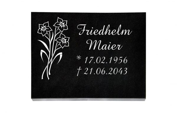 Liegeplatte, Black Granit rechteckig 40cm x 30cm x 3cm, inkl. Narzissen
