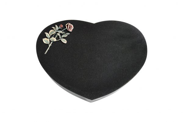 Liegestein Herz, Black Granit, 50cm x 40cm x 10cm, inkl. farbiger Rose aus Bronze