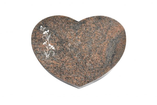 Liegestein Herzform, Multicolor Granit, 40cm x 30cm x 8cm, inkl. Schmetterling auf Blüte