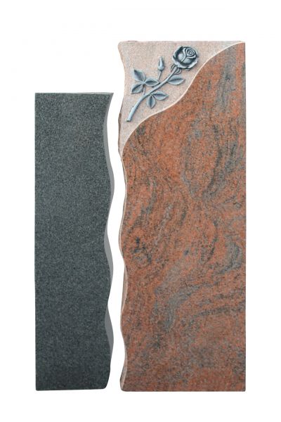 Einzelgrabstein, Padang Dark und Milticolor Granit 100cm x 55cm x 14cm, inkl. erhabener Rose 100cm x