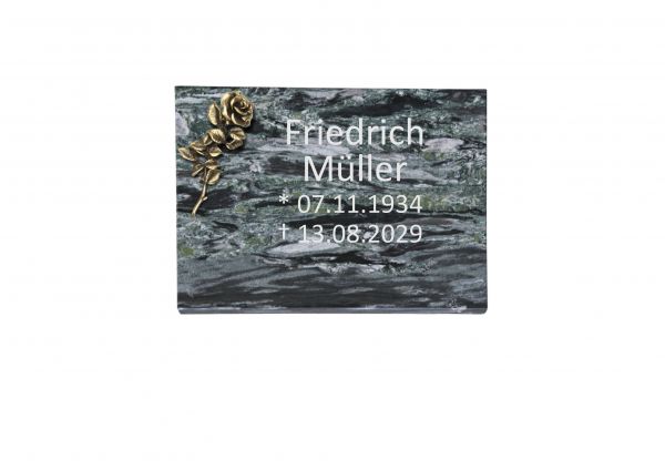 Liegeplatte, Wave Green Granit rechteckig 40cm x 30cm x 3cm, inkl. kleiner Bronzerose