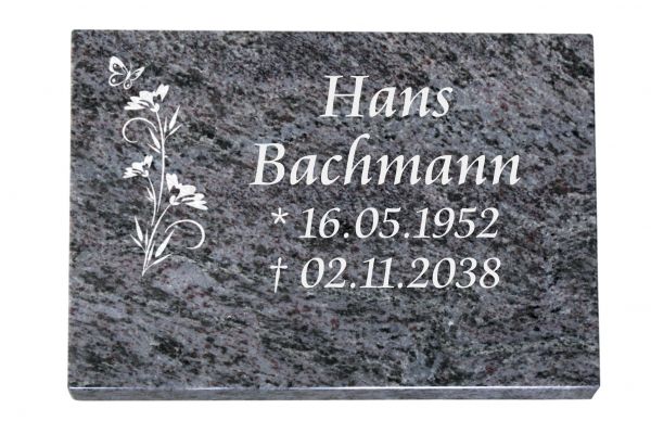 Liegeplatte, Orion Granit rechteckig 40cm x 30cm x 3cm, inkl. Schmetterling auf Blume
