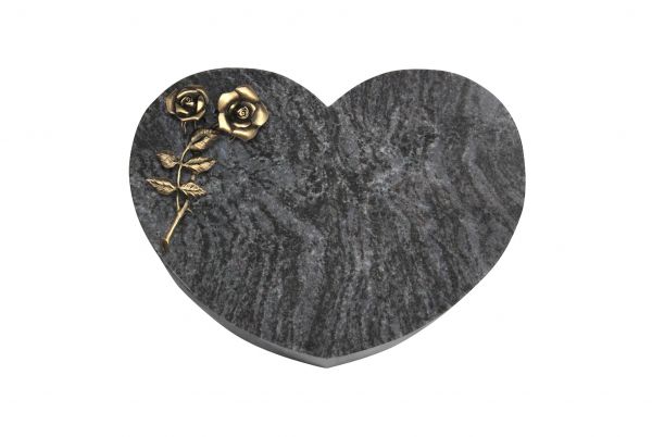 Liegestein Herz, Orion Granit, 40cm x 30cm x 8cm, inkl. Bronzerose mit 2 Blüten