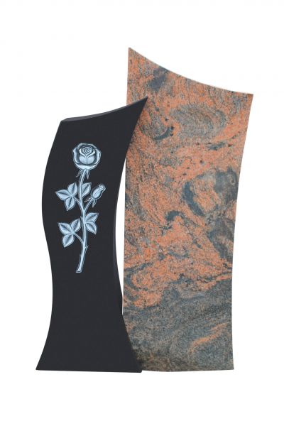 Einzelgrabstein, Indien Black und Multicolor Granit 105cm x 60cm x 14cm, inkl. Rose gehauen