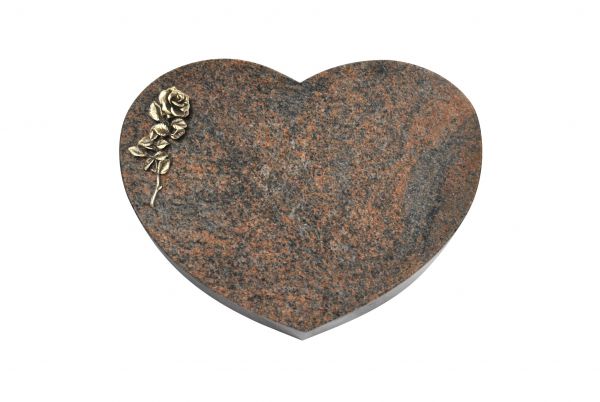 Liegestein Herzform, Multicolor Granit, 40cm x 30cm x 8cm, inkl. Bronzerose mit einer Blüte