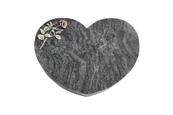 Liegestein Herz, Orion Granit, 50cm x 40cm x 10cm, inkl. Bronzerose mit Blättern