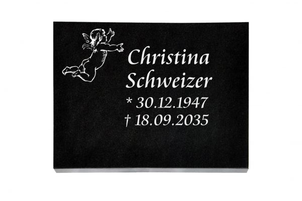 Liegeplatte, Black Granit rechteckig 40cm x 30cm x 3cm, inkl. Engel vertieft gestrahlt