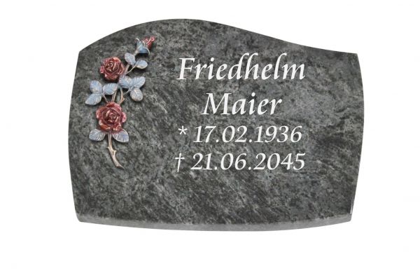 Liegeplatte, Orion Granit mit Fasen 40cm x 30cm x 3cm, inkl. farbiger Rose aus Bronze