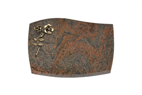 Liegeplatte, Multicolor Granit mit Fasen 40cm x 30cm x 3cm, inkl. Bronzerose mit 2 Blüten
