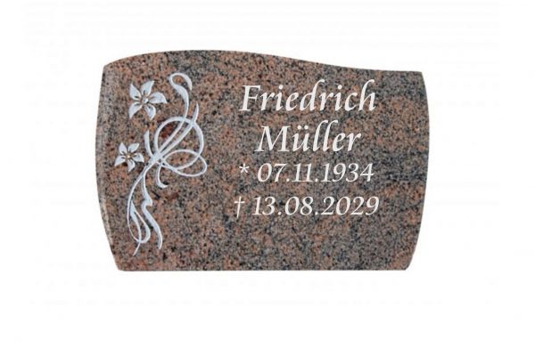 Liegeplatte, Multicolor Granit gebogen mit Fasen 40cm x 30cm x 3cm, inkl. Ornament vertieft