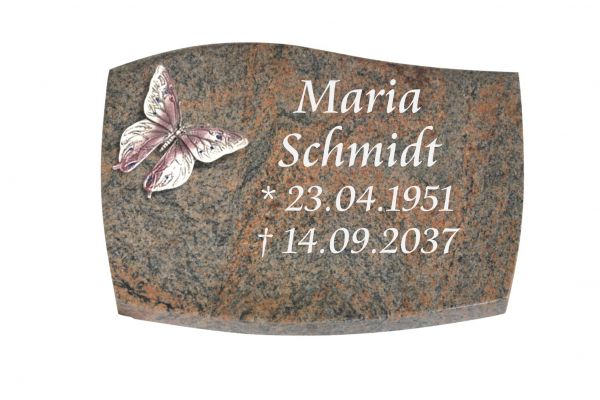 Liegeplatte, Multicolor Granit mit Fasen 30cm x 20cm x 4cm, inkl. Schmetterling