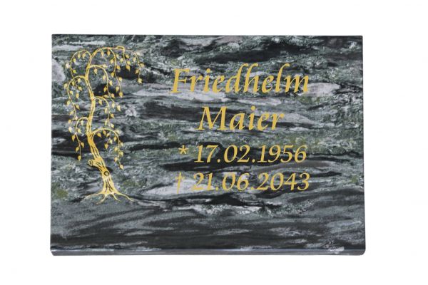 Liegeplatte, Wave Green Granit 40cm x 30cm x 3cm, inkl. Trauerweide