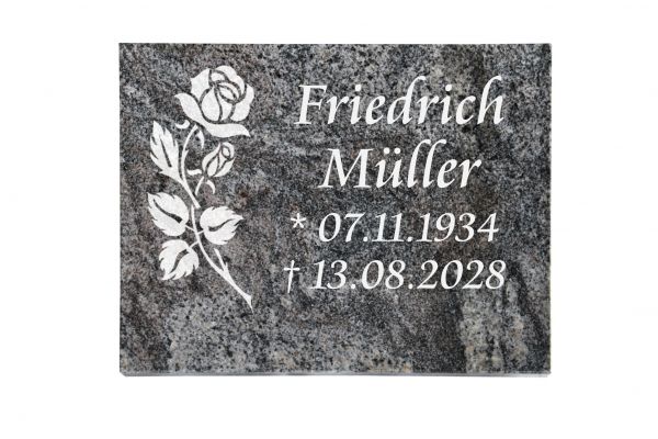 Liegeplatte, Paradiso Granit rechteckig 40cm x 30cm x 3cm, inkl. gestrahlter Rose