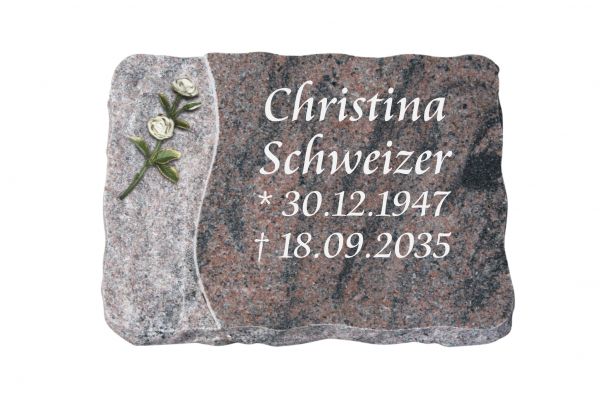 Liegeplatte, Indora Granit 40cm x 30cm x 4cm, inkl. kleiner weißen Doppelrose
