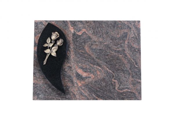 Liegestein, Indien Black und Himalaya Granit, 40cm x 30cm x 3cm, inkl. Bronzerose mit 2 Blüten