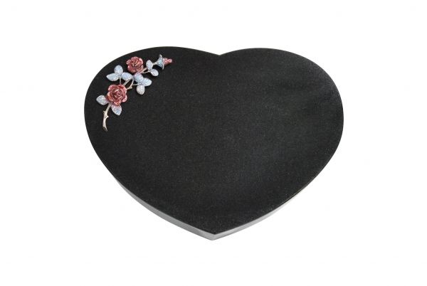 Liegestein Herz, Black Granit, 50cm x 40cm x 10cm, inkl. farbiger Rose