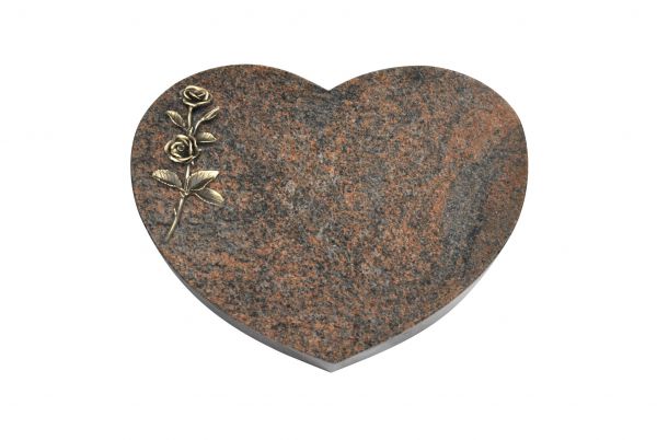 Liegestein Herzform, Multicolor Granit, 40cm x 30cm x 8cm, inkl. Bronzedoppelrose