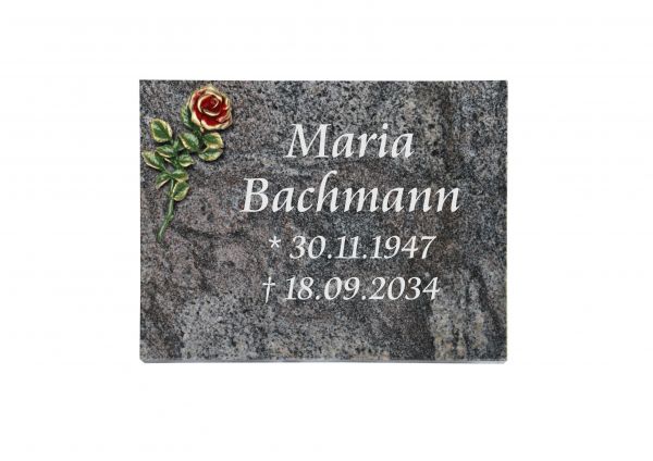 Liegeplatte, Paradiso Granit rechteckig 40cm x 30cm x 3cm, inkl. kleiner roter Rose