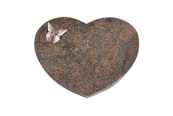 Liegestein Herzform, Multicolor Granit, 40cm x 30cm x 8cm, inkl. Alu Schmetterling