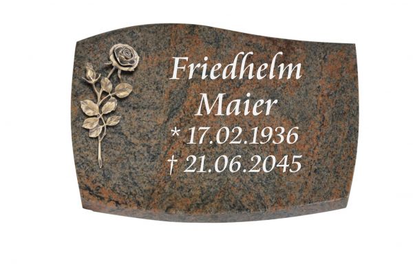 Liegeplatte, Multicolor Granit mit Fasen 40cm x 30cm x 3cm, inkl. Bronzerose