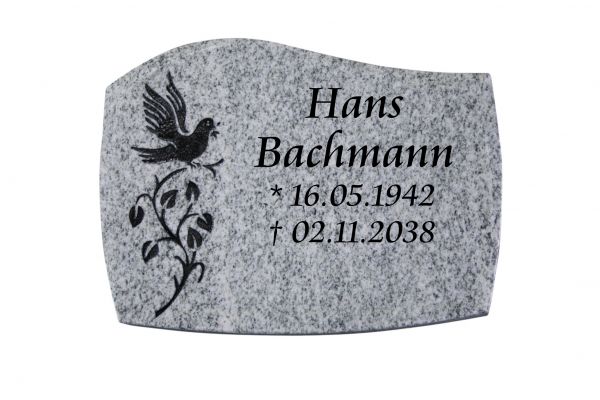 Liegeplatte, Viscount White Granit gebogen mit Fasen 40cm x 30cm x 3cm, inkl. Vogel auf Ast